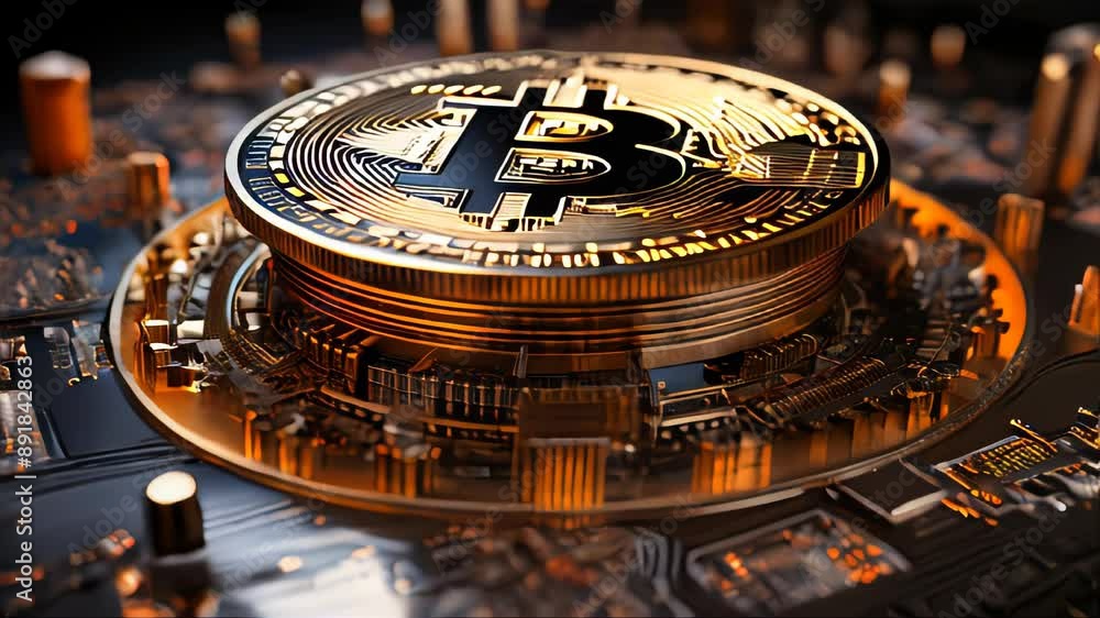 Poster bitcoin cryptocurrency gold coin on a computer chip for mining