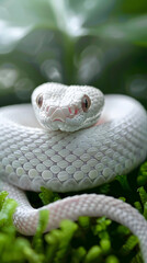 Fototapeta premium A closeup of a breathtaking albino snake curled on a plant, displaying its intricate scales. Perfect for enthusiasts of herpetology, nature, reptiles, serpents, and wildlife