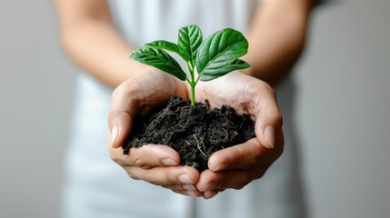 A high-resolution photograph of a pair of hands holding a small plant with green leaves, detailed and delicate textures, front-facing view.