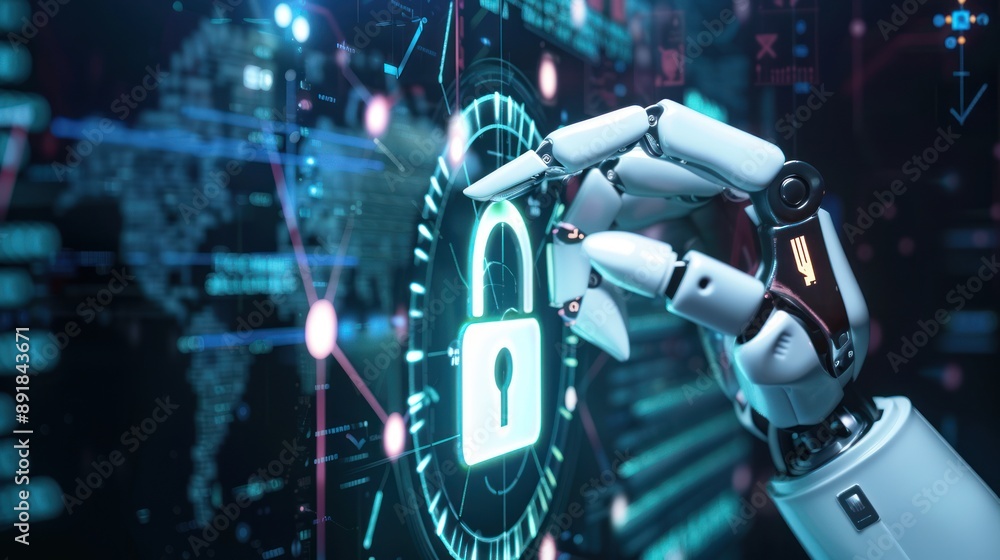 Poster cyber security, robot hand interacting with digital lock