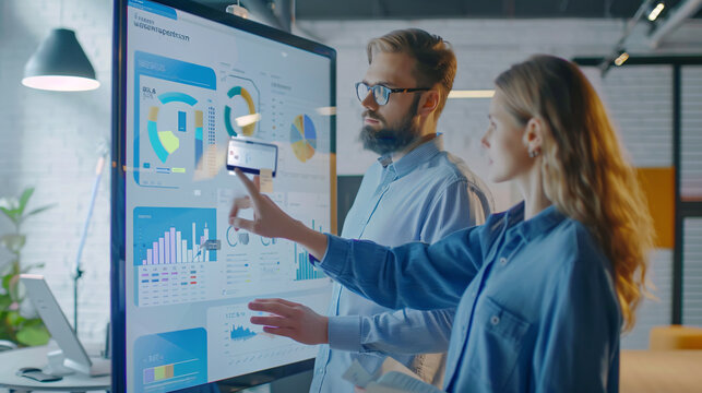 A female developer and a male statistician use an interactive whiteboard touchscreen to analyze charts, graphs, and growth statistics in a stylish creative office.