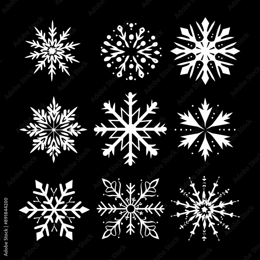 Poster black snowflake vector icons in different designs for web design. a set of flat style snowflake icon