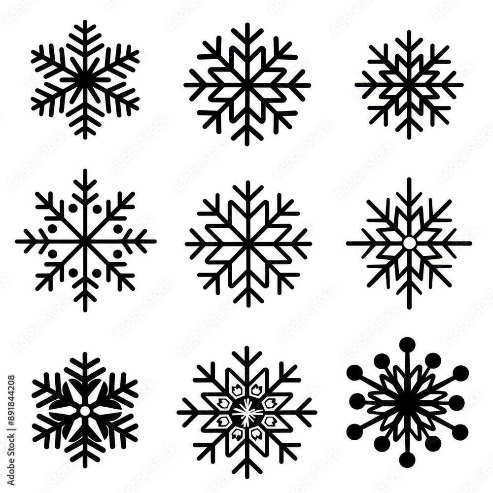 Poster black snowflake vector icons in different designs for web design. a set of flat style snowflake icon