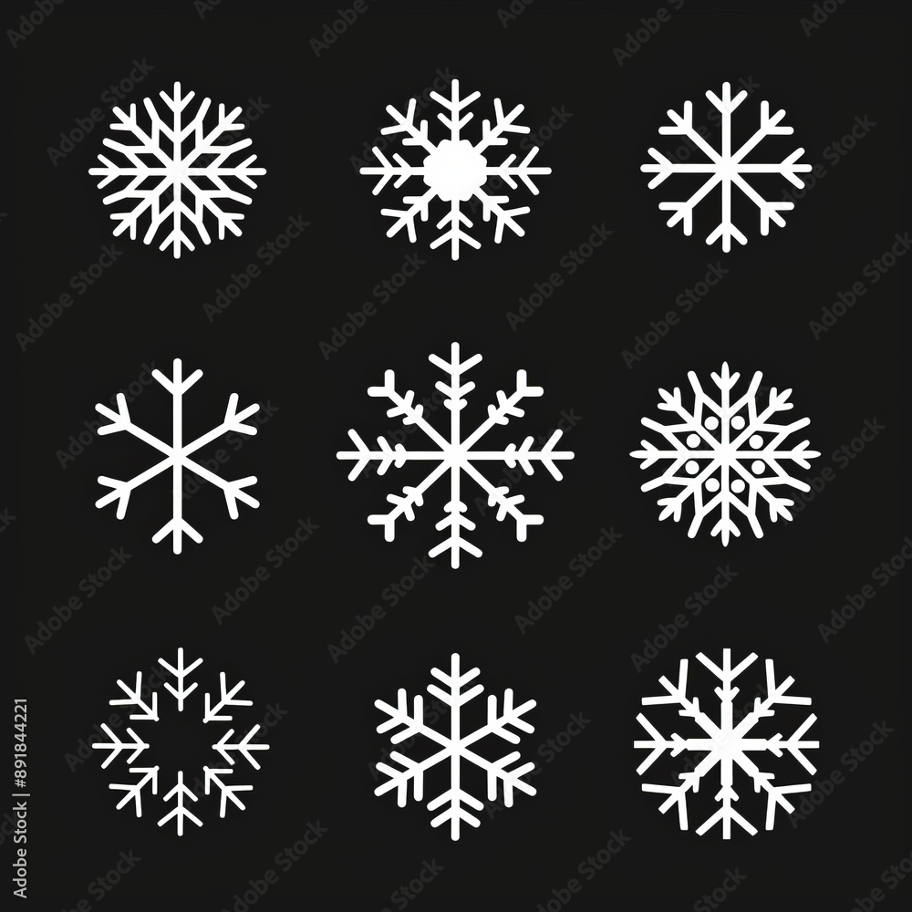 Poster black snowflake vector icons in different designs for web design. a set of flat style snowflake icon