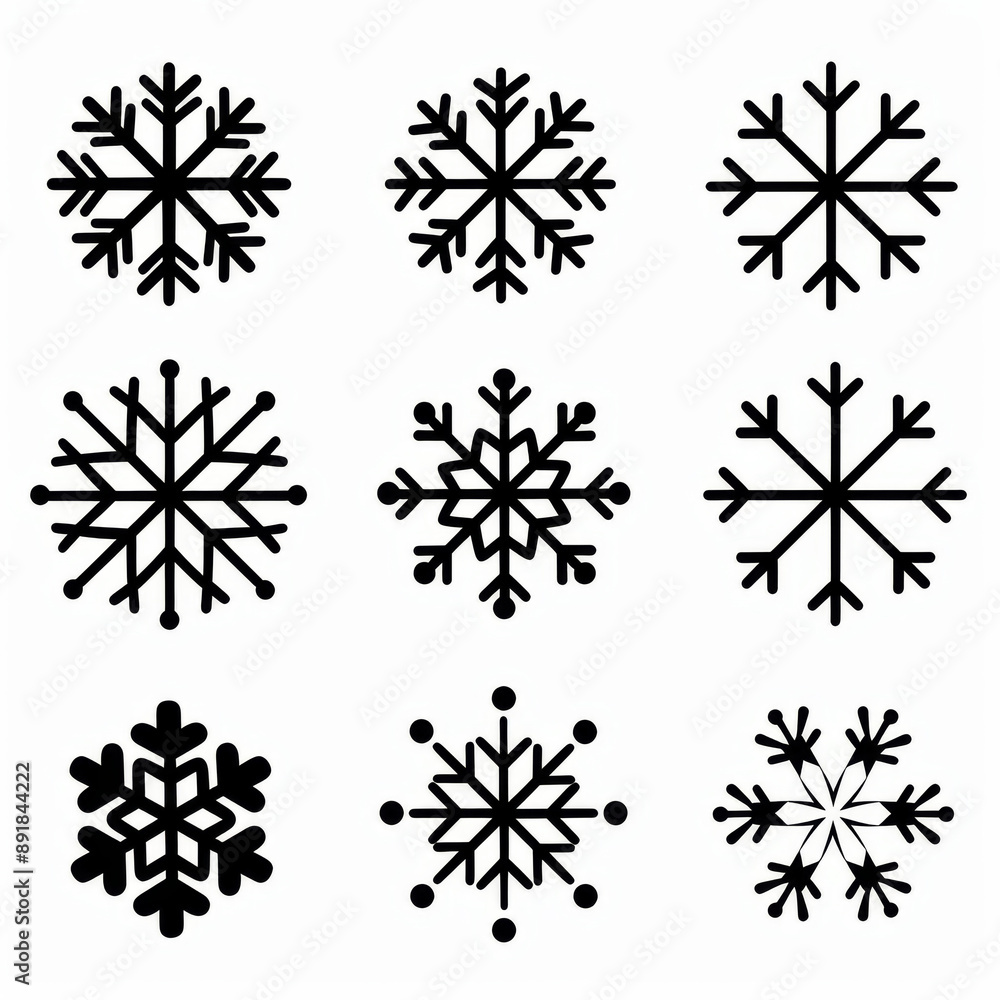 Poster black snowflake vector icons in different designs for web design. a set of flat style snowflake icon