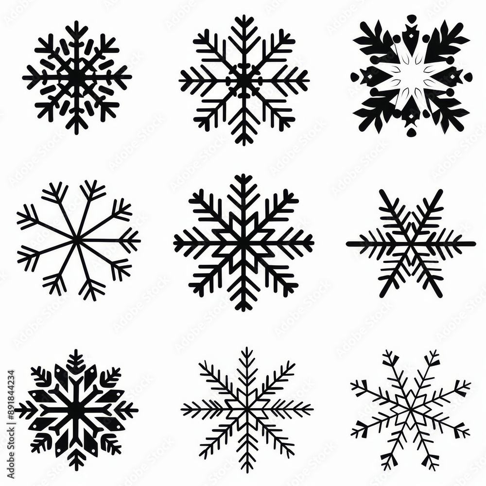 Poster black snowflake vector icons in different designs for web design. a set of flat style snowflake icon