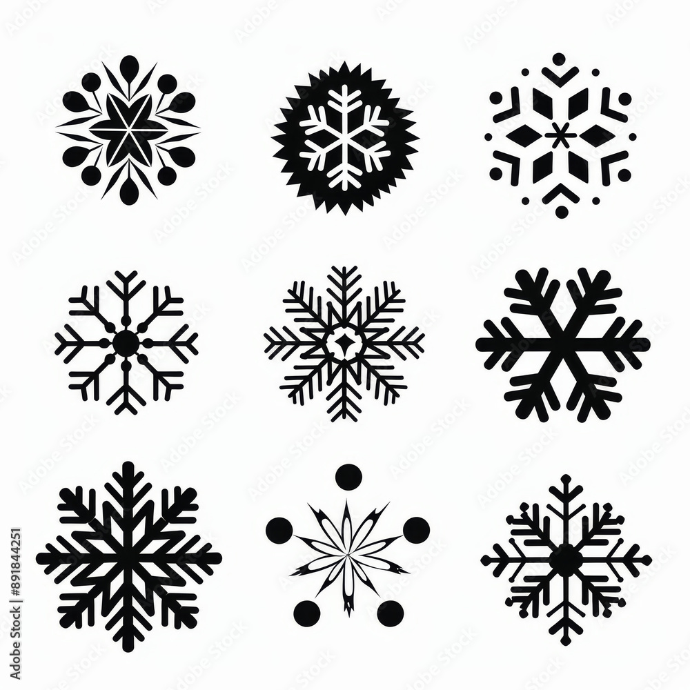 Poster black snowflake vector icons in different designs for web design. a set of flat style snowflake icon