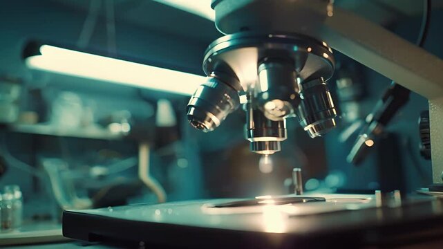 Hanging from the ceiling a bright light illuminates a dissecting microscope aiding in the study of small organisms.