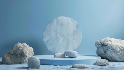 Abstract blue background with podium and rocks for product presentation design.