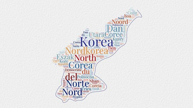North Korea logo animation. North Korea boundary word cloud animation. Video of country names in multiple languages popping out on paper style background. Country opening, intro, presentation video.