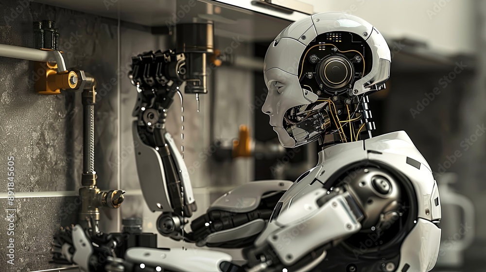 Poster Advanced Humanoid Android Robot Working at a Computer
