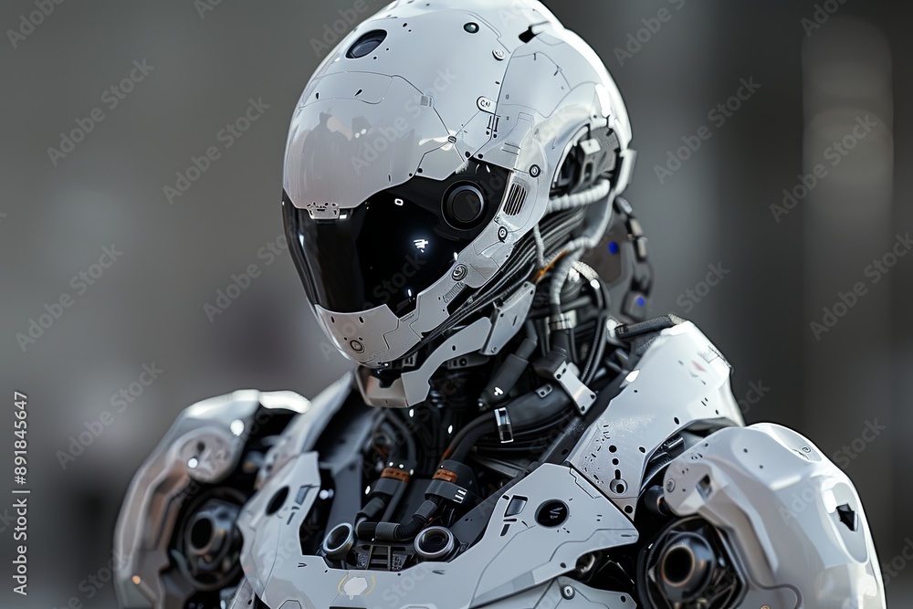 Poster advanced android robot humanoid in a white helmet