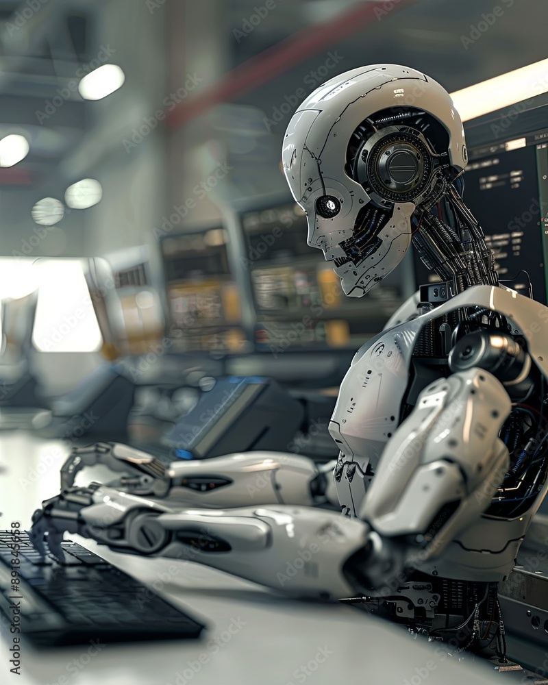Poster Advanced Humanoid Robot Working at a Computer in a Modern Office
