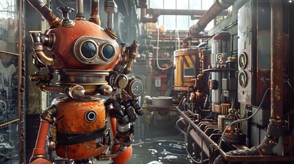 Fototapeta premium An Old Robot Worker Stands in a Rusted Industrial Facility