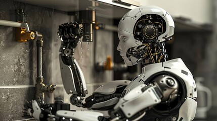 Fototapeta premium Advanced Humanoid Android Robot Working at a Computer