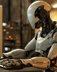 Fototapeta premium Advanced Humanoid Android Robot Working at a Computer in a Modern Office Setting