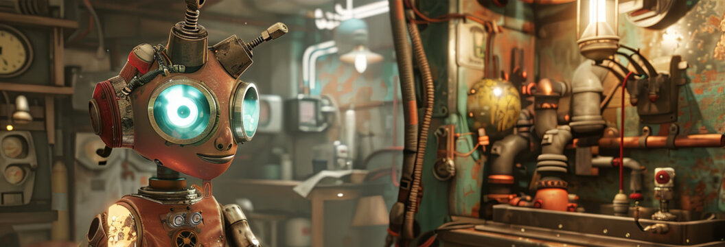 Old Robot Worker Standing In A Rusty Workshop