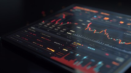 Financial trading chart on digital tablet, dark background, futuristic business analytics, 3D rendering,