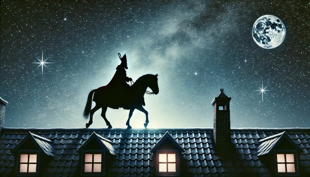 Sinterklaas Silhouetted on a Rooftop with Horse Under a Starry Sky