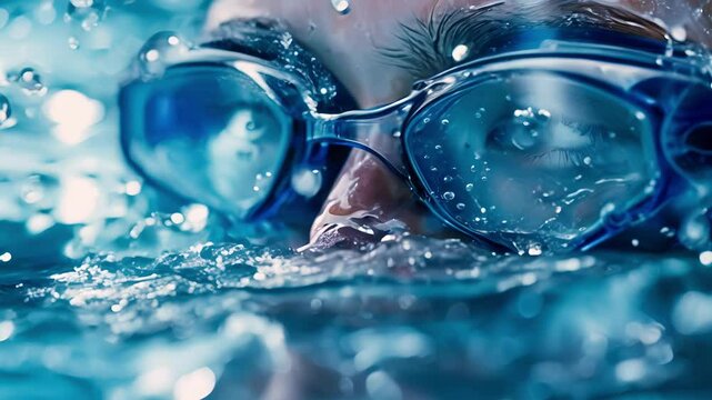 A closeup of a swimmers goggles fogged up from the water and humidity.