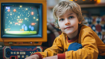 A young white boy is sitting next to an old TV with a classic video game on the screen. He is looking at the camera and smiling.
