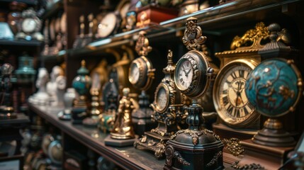 Collection of antique clocks on display in a vintage shop