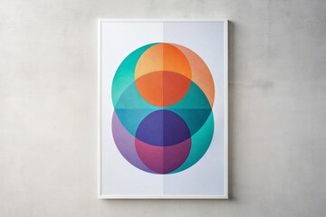 Artistic Abstract: Orange, turquoise and purple circles on a white canvas create a minimalist piece of art.
