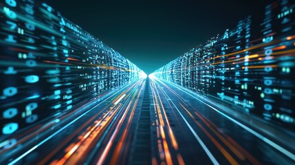 Digital Highway with Glowing Blue and Orange Lights