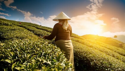 Fototapeta premium woman labor working on a beautiful tea farm. hat on head