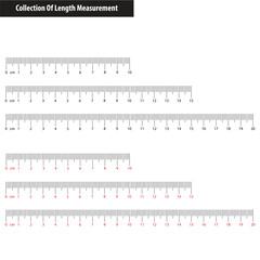 Collection measuring charts with 10,15, 20 centimeters. Length measurement math, distance, height, sewing tools. Set of templates rulers scale