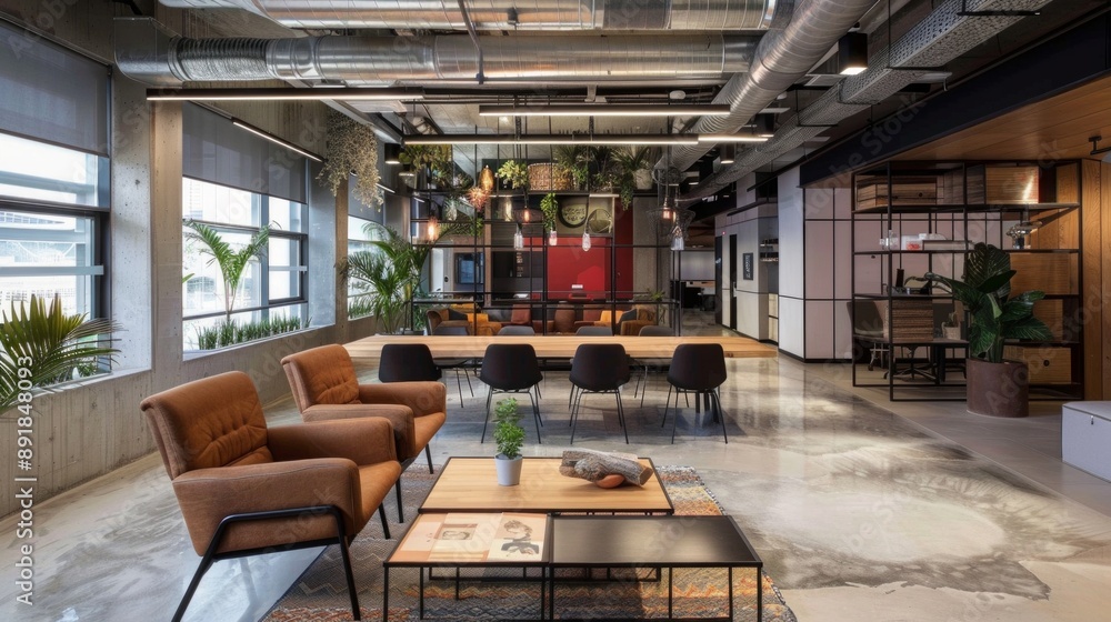Poster modern co-working space interior showcasing industrial design elements in an open layout. comfortabl
