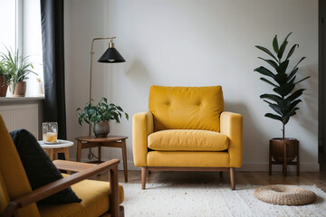Modern minimalist living room with yellow armchair, cozy apartment with wooden furniture