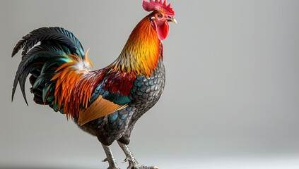 Fototapeta premium A Colorful Rooster Stands Against a Gray Background