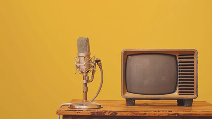 An old television set, a gold and silver microphone on a wooden table with a yellow background. The photo has a retro style filter.