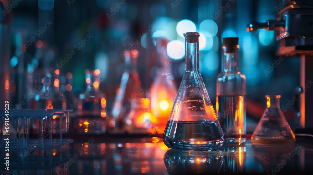 Poster laboratory glassware with colorful bokeh background