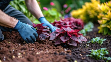 Gardening with Care: Planting Vibrant Foliage - Close-up of a gardener's hands wearing blue gloves while planting vibrant red foliage in rich soil, surrounded by lush greenery.