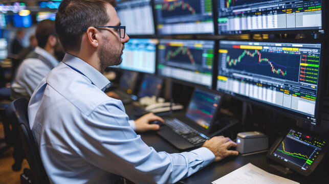 Financial analysts and day traders working on computers with multi-monitor workstations displaying real-time stocks, commodities, and exchange market charts. A team of brokers at work in an agency