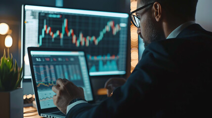 Financial analytics with a businessman working on charts, highlighting fintech.