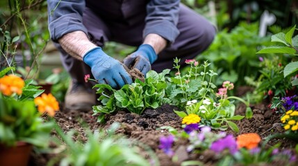 Fototapeta premium Gardening with Care: Planting Vibrant Foliage - Close-up of a gardener's hands wearing blue gloves while planting vibrant red foliage in rich soil, surrounded by lush greenery.