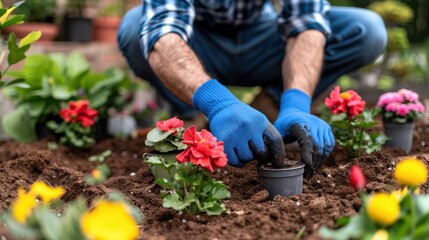 Fototapeta premium Hands-On Gardening with Colorful Flowers - Close-up of a gardener planting vibrant flowers in rich soil, showcasing hands-on gardening with blue gloves and colorful blossoms.