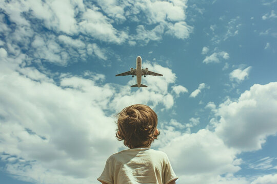 Backview of child watching airplane flying overhead against cloudy sky in sunlight