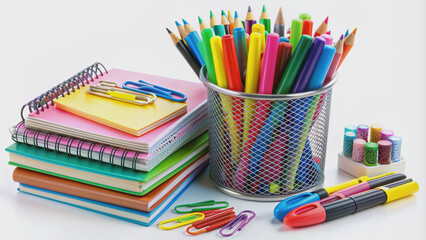 Fototapeta premium Neatly organized stationery items including pens, pencils, notebooks, and paper clips against a clean white background, perfect for office or school supply themes.