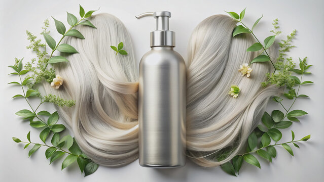 Elegant clear bottle with silver cap showcases gentle, nourishing shampoo formula, blending natural ingredients, free from harsh chemicals, for healthy, silky hair.