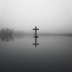 Naklejka premium Solitary Cross Over Misty Water at Dawn
