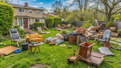 Overgrown grass surrounds scattered outdoor items, broken furniture, and trash, revealing a chaotic mess of spring cleaning and decluttering neglect in a suburban yard.