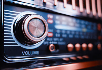 Vintage radio tuner old tech object bokeh background
