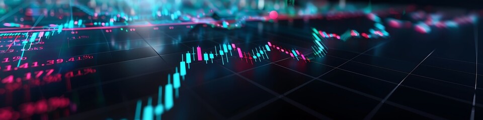 Financial trading chart on screen, dark background, futuristic technology concept, 3D illustration,