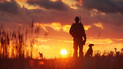 Hunter Silhouette with Dogs at Sunset