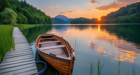 Obraz premium A serene lakeside scene during sunset. A wooden boat is moored near a rustic wooden dock, which extends into the calm waters of the lake. The lake reflects the hues of the setting sun