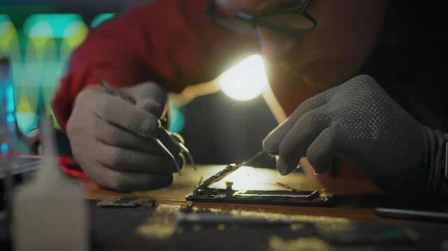 Microchip. An engineer uses tools to responsibly repair microcircuit components in an electronics technical workshop. Young European man removes chip components, applies diagnostic technique isolation